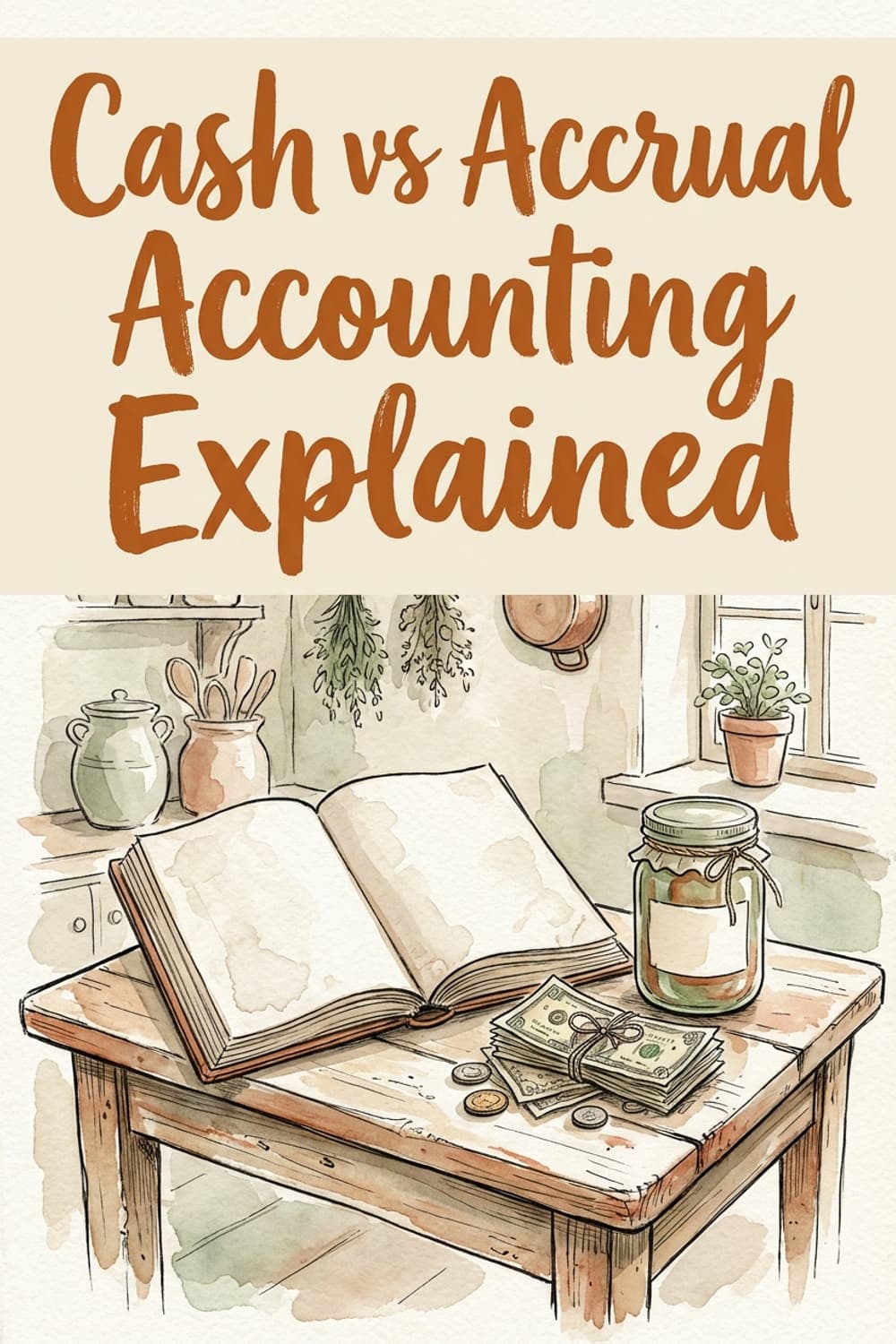 Pinterest pin reading Cash vs Accrual Accounting Explained above a farmhouse table with an open ledger, a small stack of cash, and a jam jar