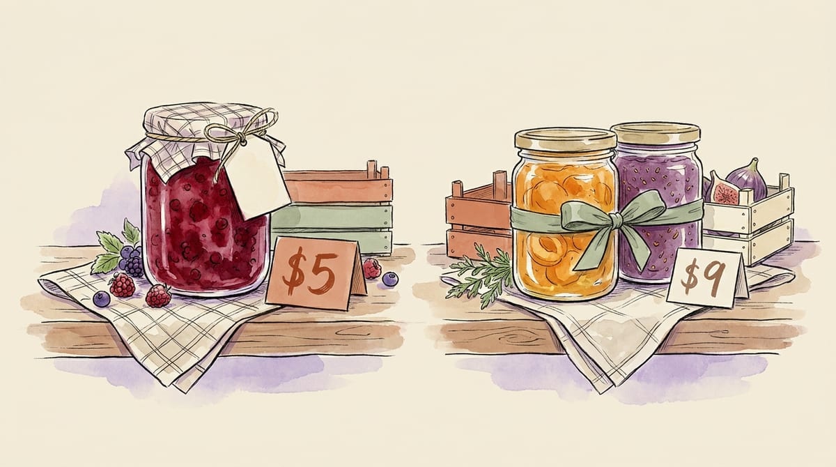 A single jar priced at a clean $5 next to a ribboned two-jar bundle priced at $9, side by side on a market table