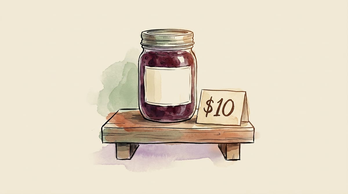 A single jar of jam displayed alone on a small stand with deliberate lighting, beside a small clean $10 price card