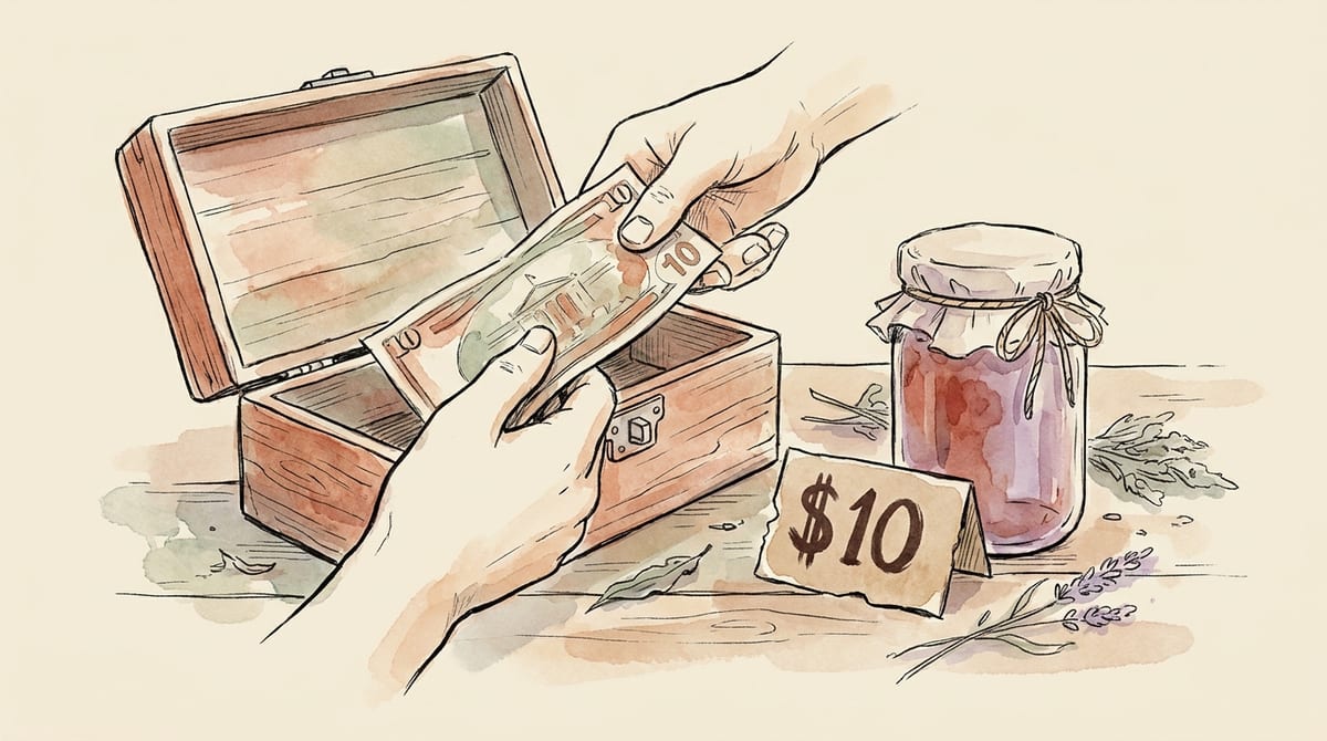 A hand counting a single ten-dollar bill back to a customer from an open cash box at a market table, next to a jar priced with a clean $10 sign