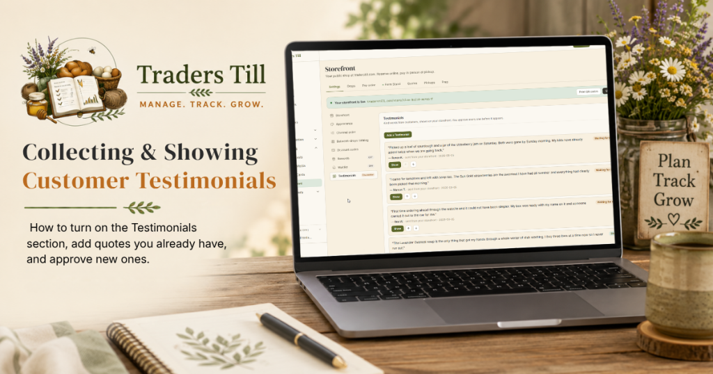 Thumbnail image showing laptop with Screen showing the testimonials screen in Trader's Till. Background elements include a logbook, cup of coffee, and the Traders Till logo.
