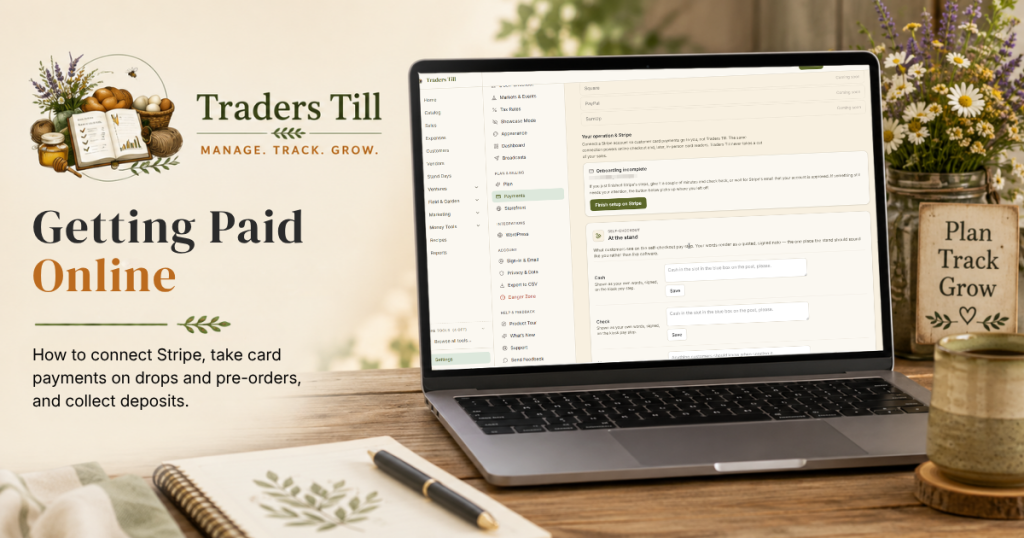 Thumbnail image showing laptop with Screen showing the pickups screen in Trader's Till. Background elements include a logbook, cup of coffee, and the Traders Till logo.