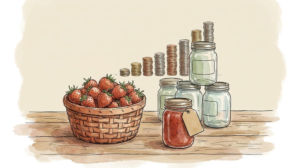 A basket of strawberries and empty jars with a staircase of coin stacks climbing steadily behind them, while a finished jar with a blank tag sits unchanged in front