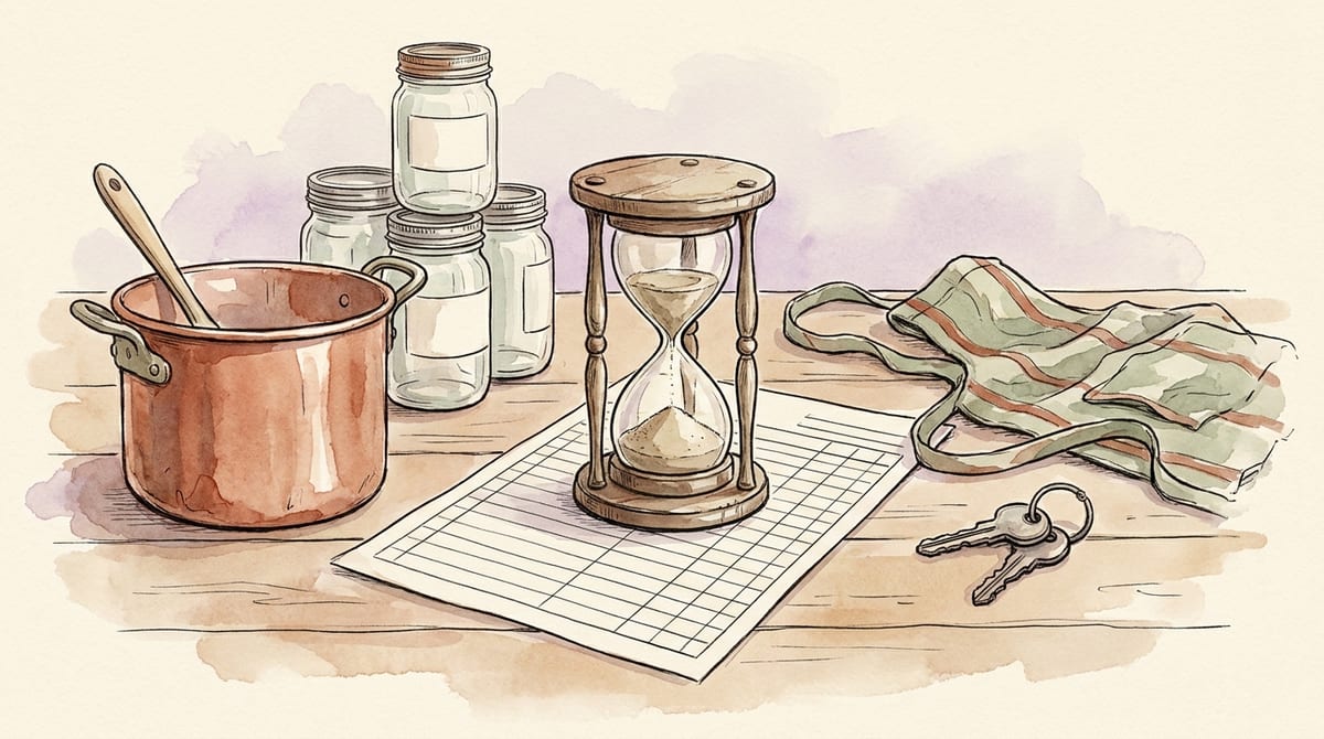 An hourglass part run through standing on a blank ruled timesheet beside a copper jam pot, washed empty jars, a folded apron and car keys