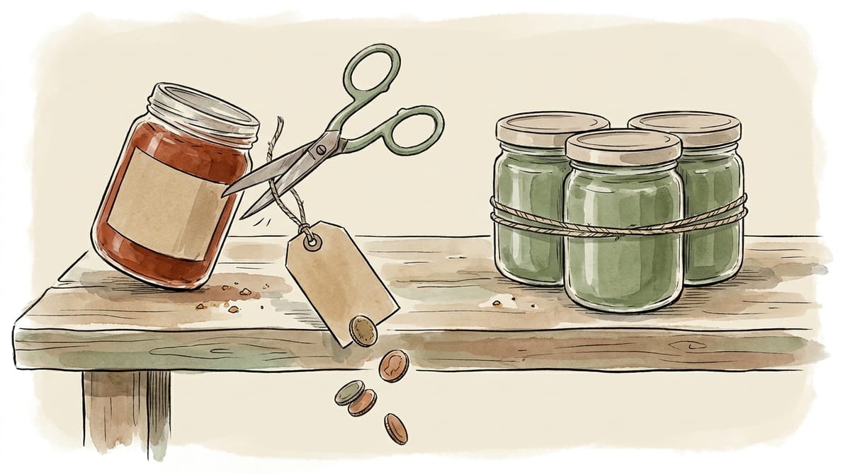 Scissors snipping the twine off a jar of jam so its blank price tag falls away and coins roll off the table, beside three jars bundled together with twine, intact