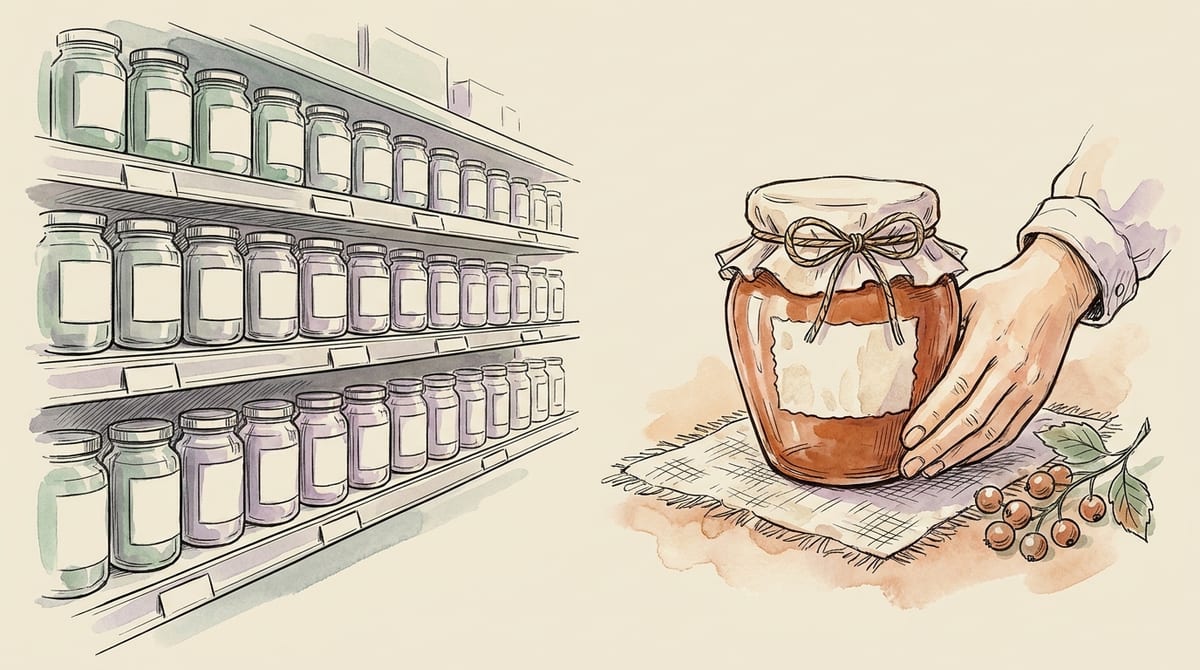 A long supermarket shelf of identical machine-made jars on the left, and a single handmade jar of jam under a hand on a linen mat on the right