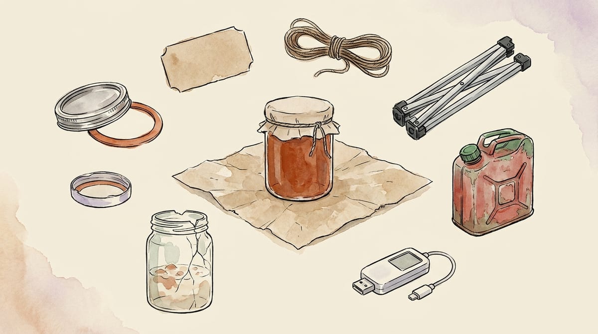 A jar of jam ringed by everything else a sale costs: a spare lid, a blank label, twine, a market canopy leg, a fuel can, a card reader, and a cracked jar that failed to set