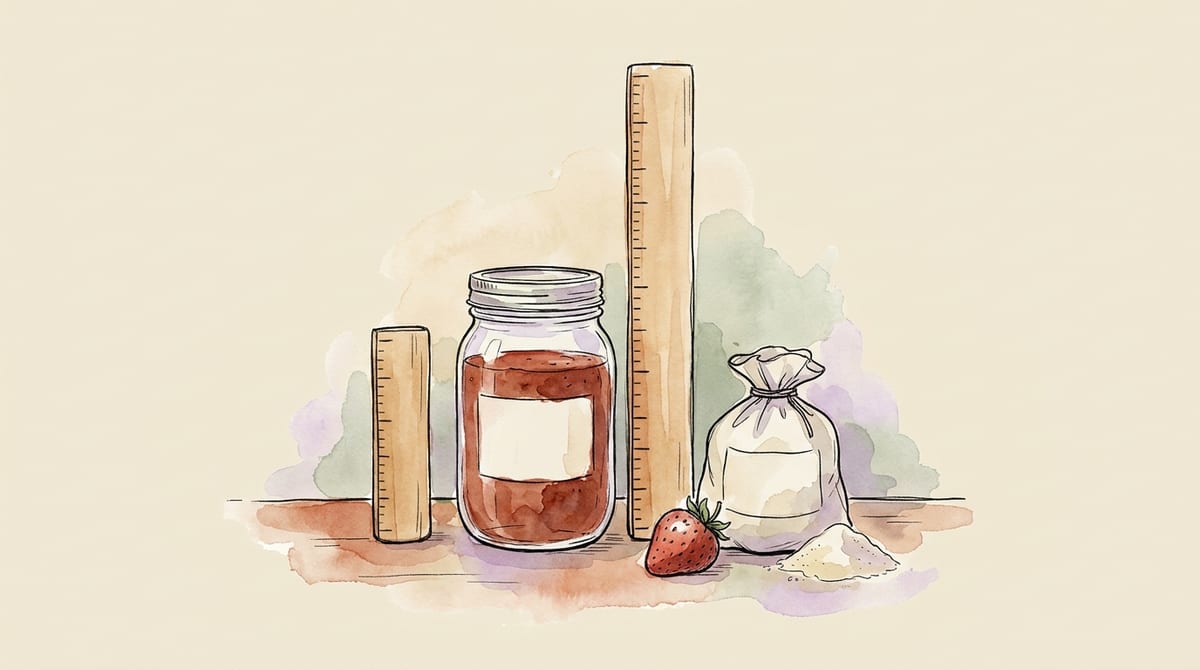 A short wooden measuring stick that only reaches partway up a jar of jam beside a tall one that clears it, with a strawberry and a bag of sugar at their base