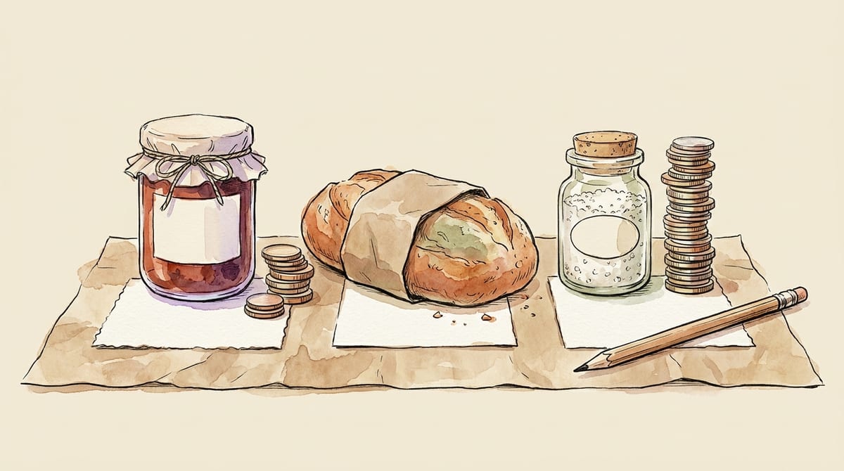 A jar of jam, a wrapped loaf, and a small jar of finishing salt each on a blank card, with coin stacks of different heights beside them and the tallest next to the smallest product