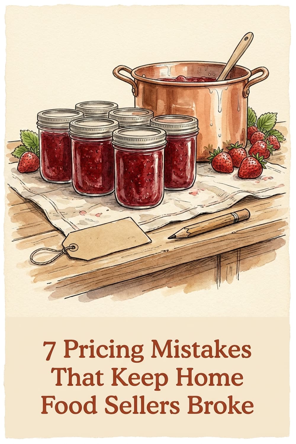 Pinterest pin reading 7 Pricing Mistakes That Keep Home Food Sellers Broke above jars of strawberry jam cooling beside a copper jam pot