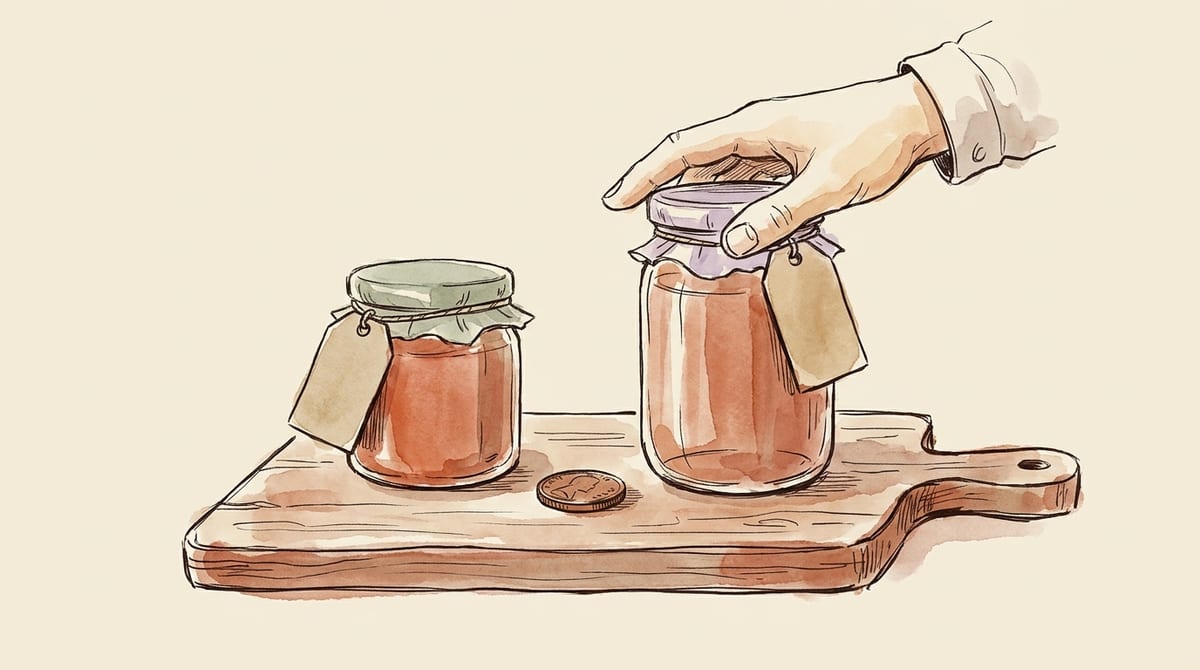 A small jar and a noticeably larger jar side by side on a wooden board with a single coin between them and a hand reaching for the larger one