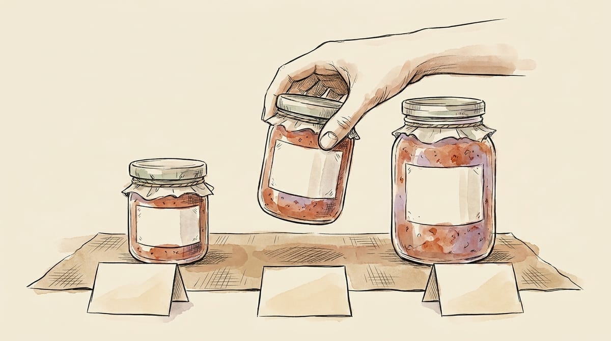 Three jars of the same product in a row on a kraft table runner with a hand lifting the middle jar clear of the other two