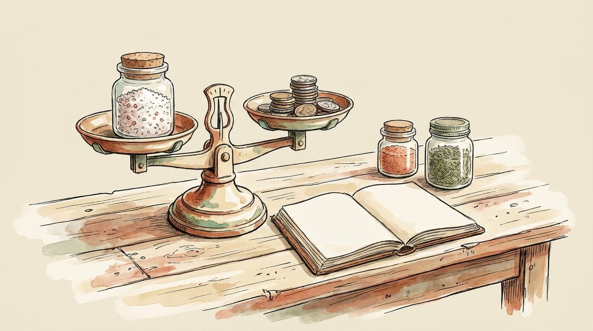 A brass balance scale weighing a jar of finishing salt against a stack of coins on a wooden table, beside an open blank notebook and two more jars