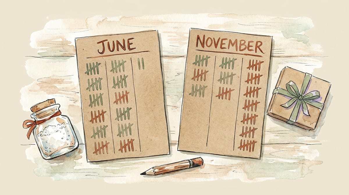Two kraft tally cards side by side, one headed June and one headed November, each with three columns of tally marks: the gift-box column is nearly empty in June and the tallest column in November