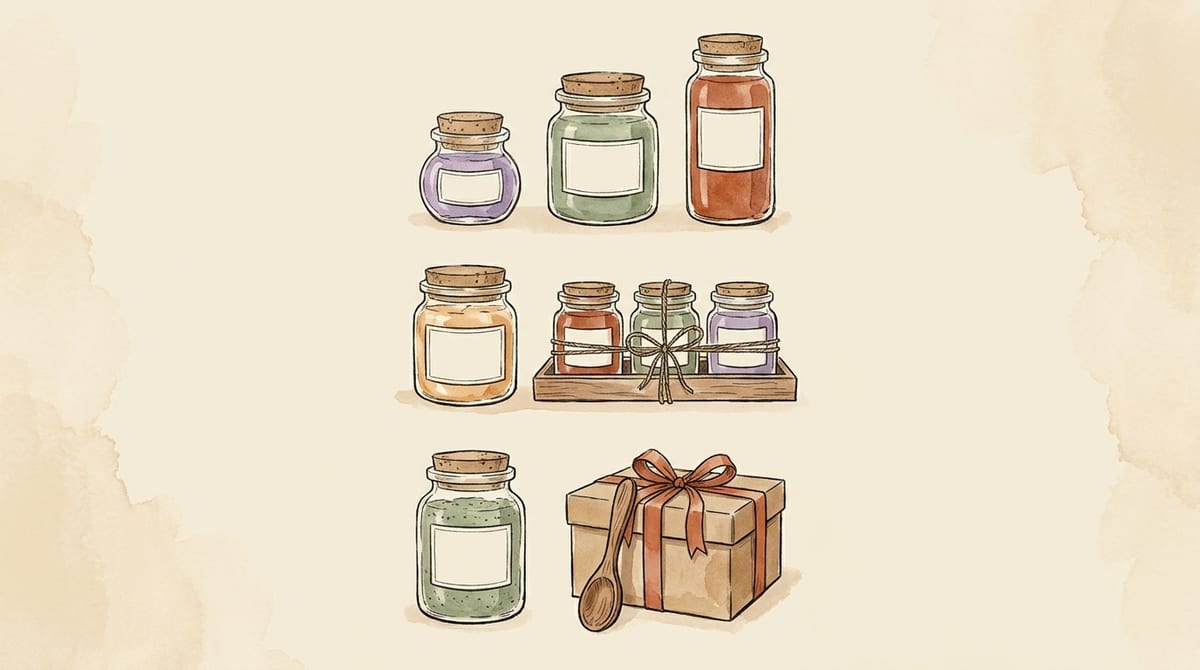 Three rows showing three ways to build a lineup: jars in ascending sizes, a single jar beside a three-jar sampler tray, and a plain jar beside a ribboned gift box