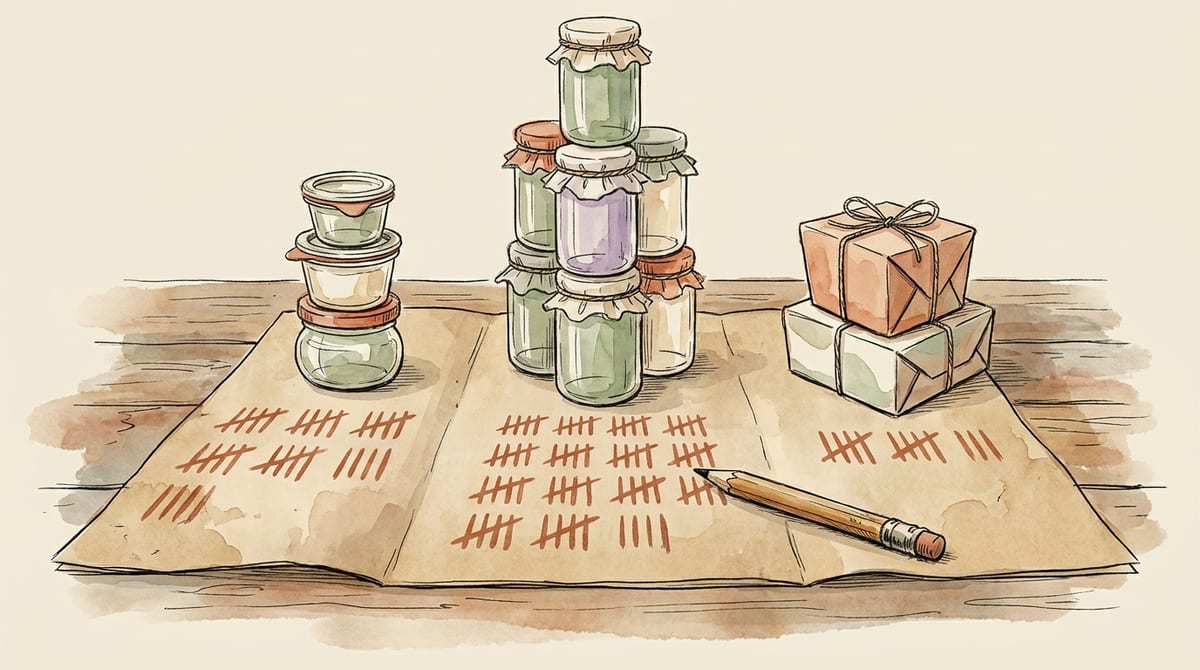 A kraft tally sheet with three stacks of jars standing on it, the tallest stack in the centre, with hand-drawn tally marks clustered beneath each column