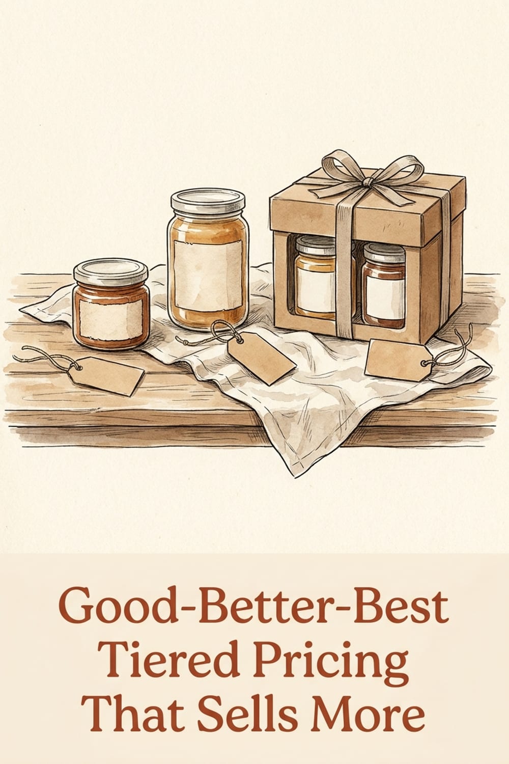 Pinterest pin reading Good-Better-Best Tiered Pricing That Sells More above a farm table with a small jar, a larger jar, and a ribboned gift box