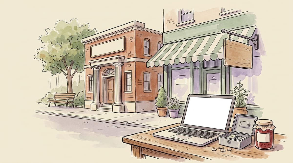 A small-town street with a brick bank building and a credit-union storefront with a striped awning, and in the foreground a laptop with a blank screen beside a market cash box and a jar of jam