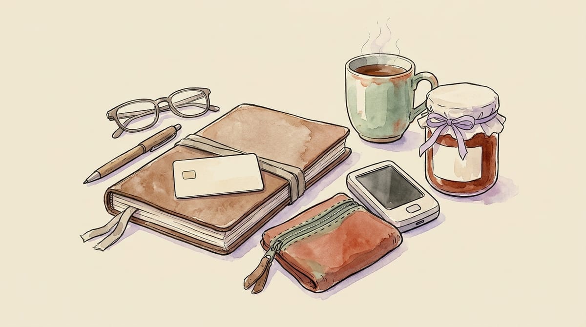 A tidy farmhouse desk at day's end with a plain bank card resting on a closed ledger notebook, a zippered cash pouch, a small card reader, a jar of jam and a mug of tea