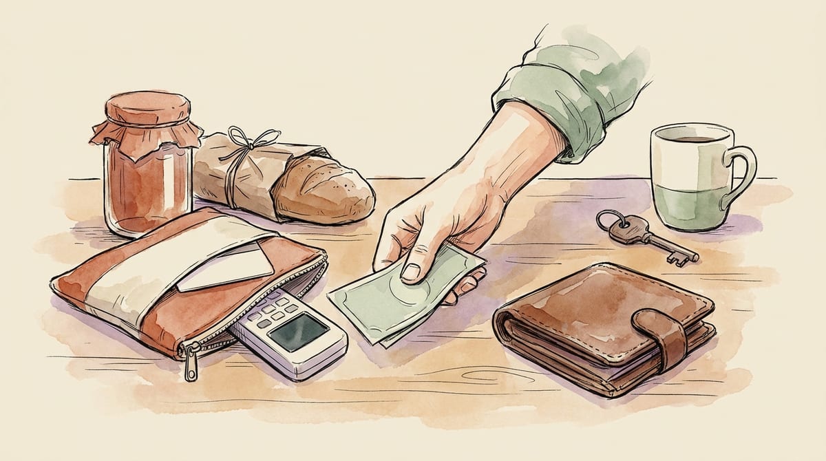 A hand passing a single plain folded banknote from a zippered business pouch, with a blank bank card and a small card reader beside it, across the table to a worn personal wallet next to a house key and a coffee mug