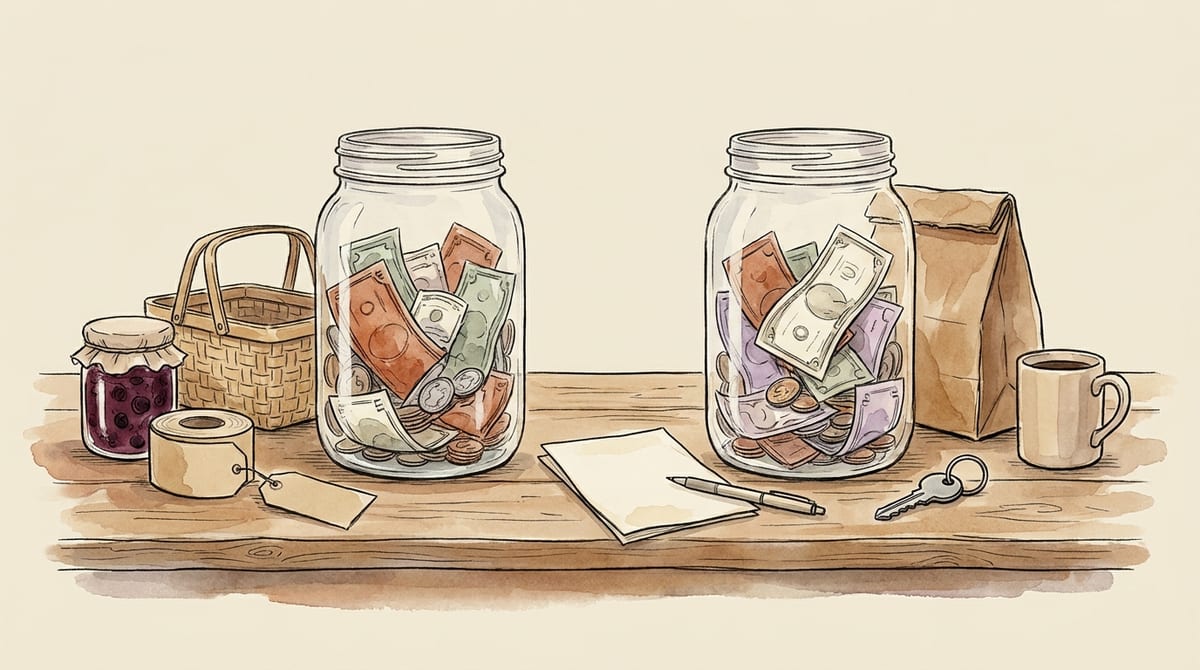 Two glass jars of folded bills and coins kept apart on a wooden counter, one beside a jar of jam, a market basket and price tags, the other beside a house key, a grocery bag and a coffee mug