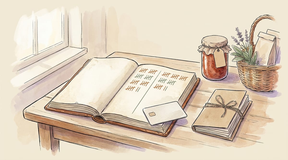 An open ledger notebook with two tidy columns of tally marks divided by a clean line, a blank bank card resting on the page corner, a twine-tied bundle of receipts, a jar of jam and a small market basket in soft window light