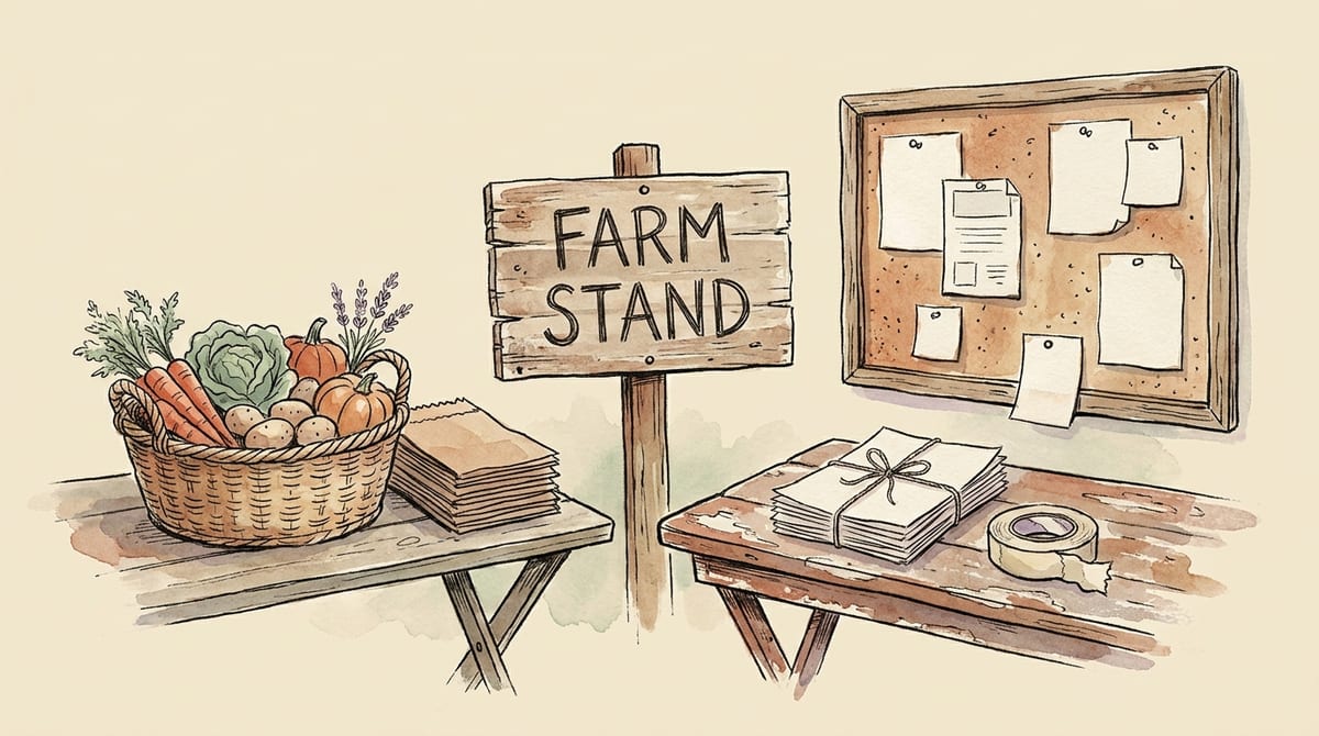 A farmhouse still life of the offline ways a stand gets found: a wooden roadside sign reading FARM STAND on a short post, a cork community bulletin board with blank paper notices pinned to it, a tied stack of blank flyers and a roll of tape on a weathered table, and a basket of produce on a folding table beside a stack of paper bags