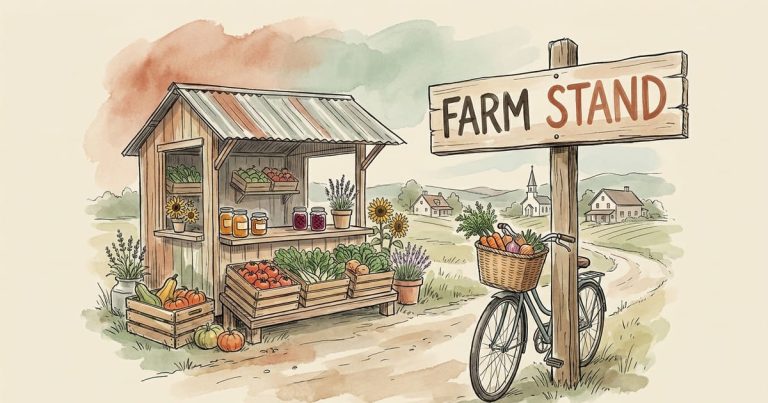 A small wooden roadside farm stand stocked with produce and jars beside a country lane, a large clear sign reading FARM STAND on a post at the road's edge, a bicycle with a basket of vegetables parked against the sign post, and a few houses and a church steeple in the distance