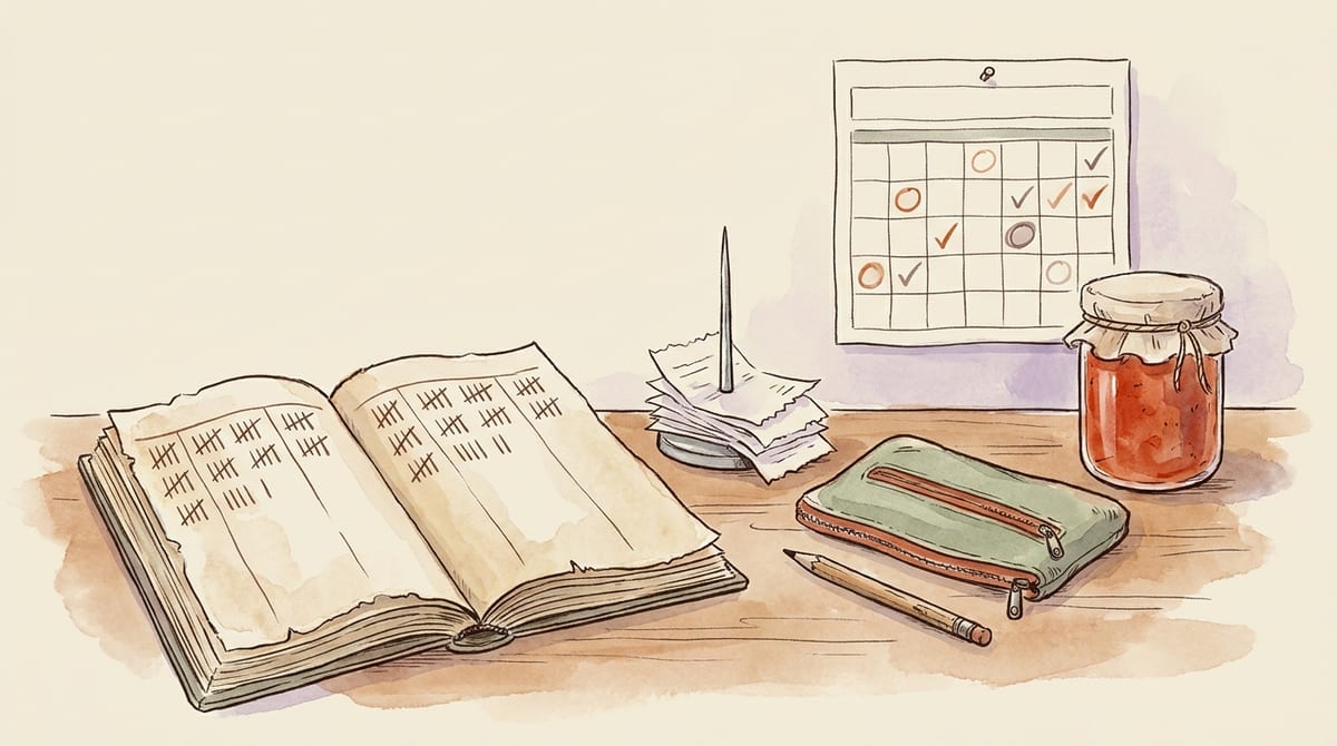 A tidy home business desk with a ledger of tally marks, a spike of receipts, a bank deposit pouch, a calendar marked with circles and check marks, and a jar of jam