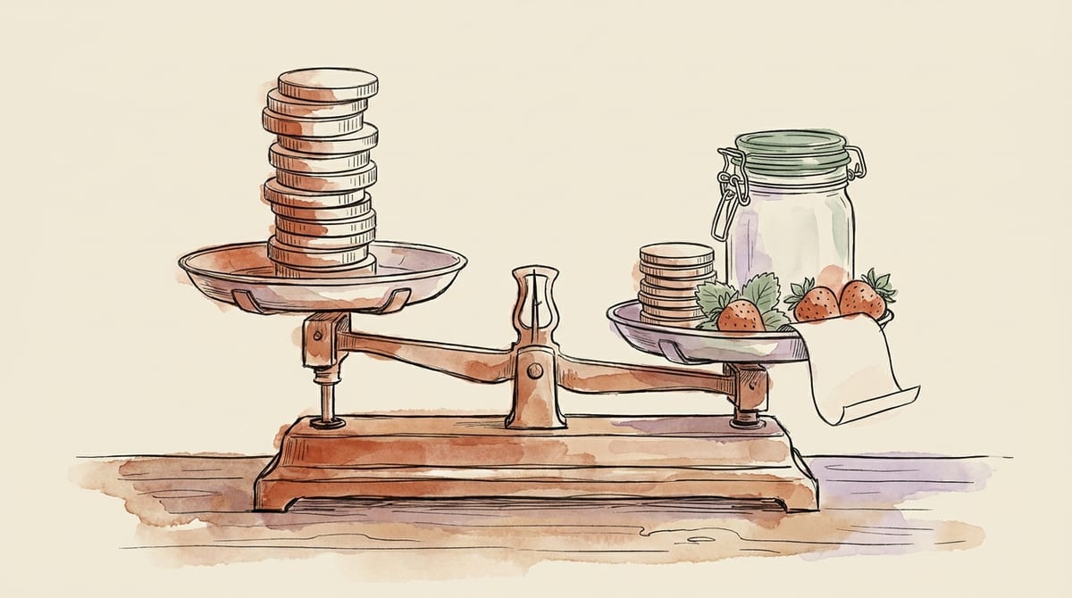 A wooden balance scale with a tall stack of coins alone in one pan and a shorter stack sharing the other pan with an empty jam jar, strawberries and a receipt, showing income taxed with and without expenses