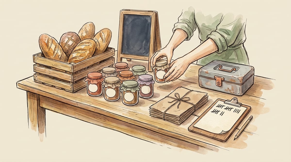 A farmers market table run like a real operation, with crates of bread, rows of matching jam jars, a cash box, paper bags and a clipboard of tally marks, as hands restock one more jar
