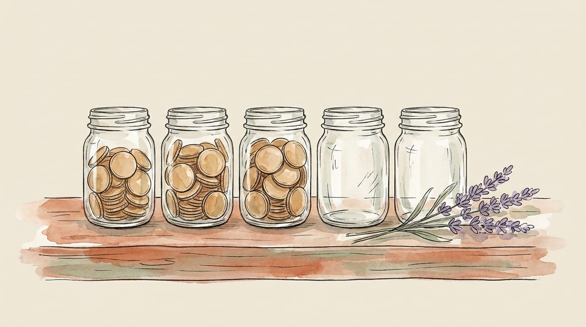 Five identical glass jars in a row on a shelf, three filled with coins and two empty, showing a profit in three years out of five