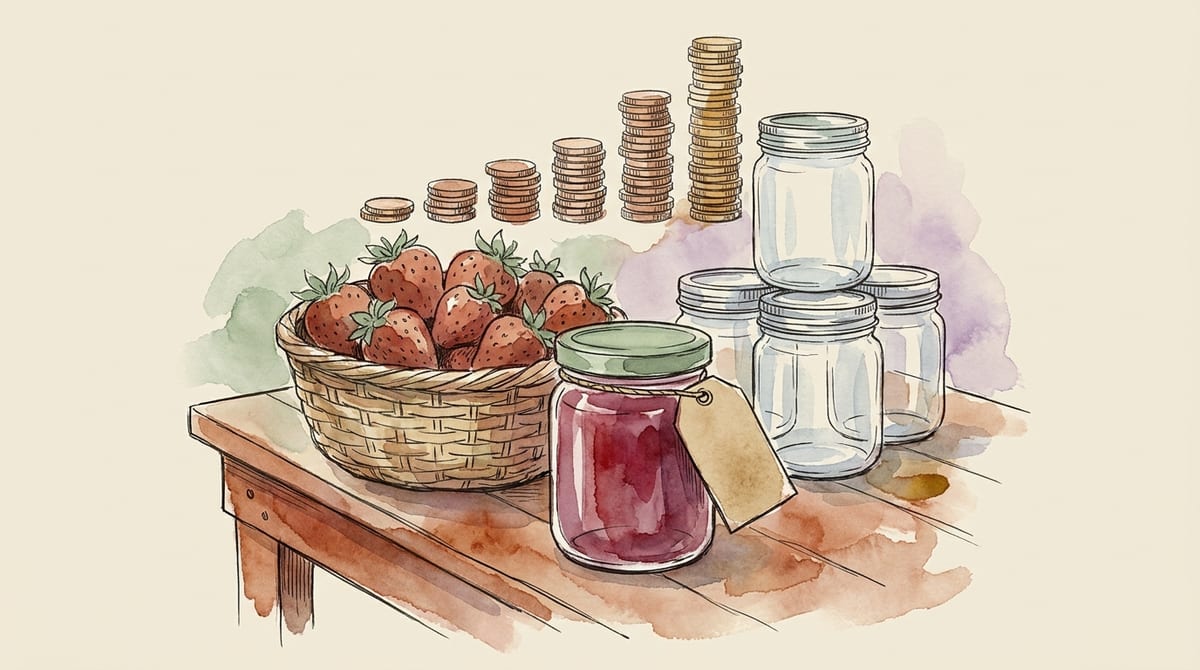 A basket of strawberries and empty jars with a staircase of coin stacks climbing steadily behind them, while a finished jar with a blank tag sits unchanged in front