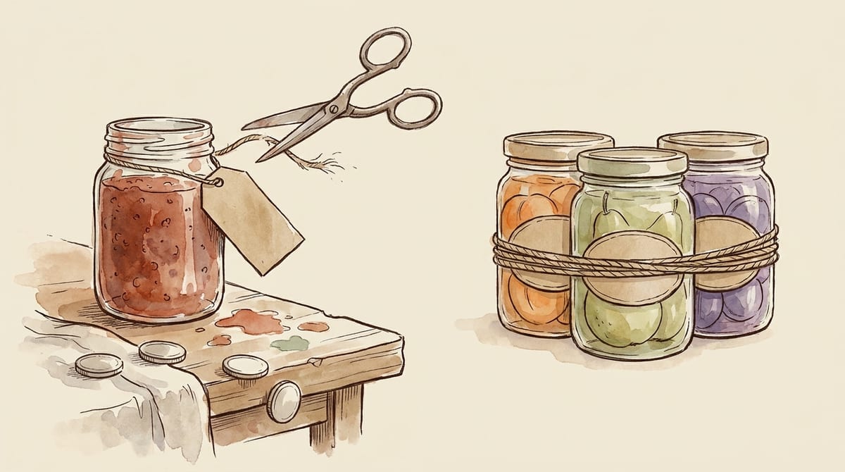 Scissors snipping the twine off a jar of jam so its blank price tag falls away and coins roll off the table, beside three jars bundled together with twine, intact