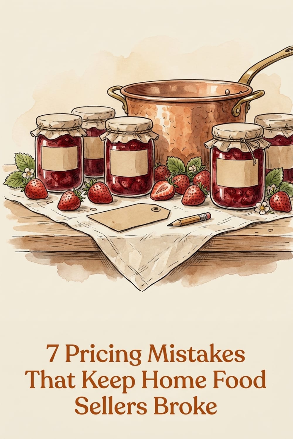 Pinterest pin reading 7 Pricing Mistakes That Keep Home Food Sellers Broke above jars of strawberry jam cooling beside a copper jam pot