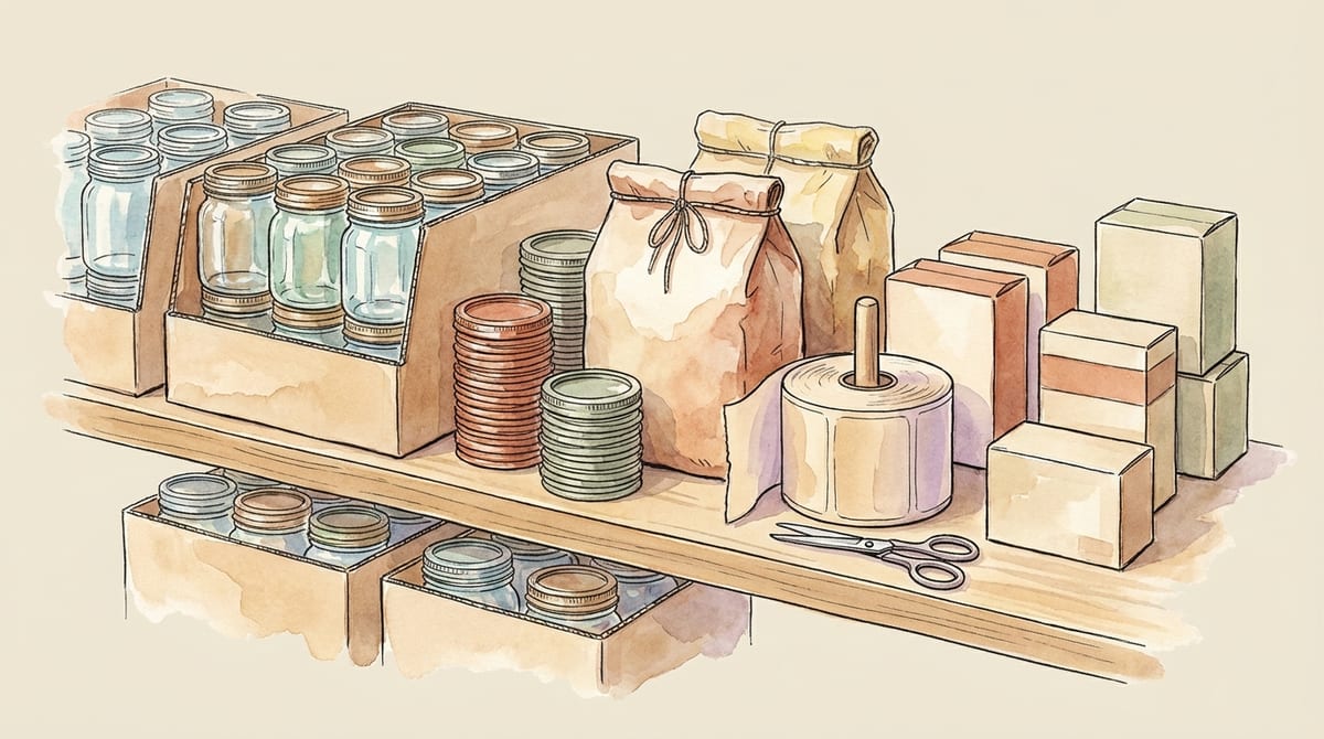 A pantry shelf stocked ahead with cases of empty canning jars, sleeves of lids, sacks of sugar, a roll of blank labels and boxes of pectin