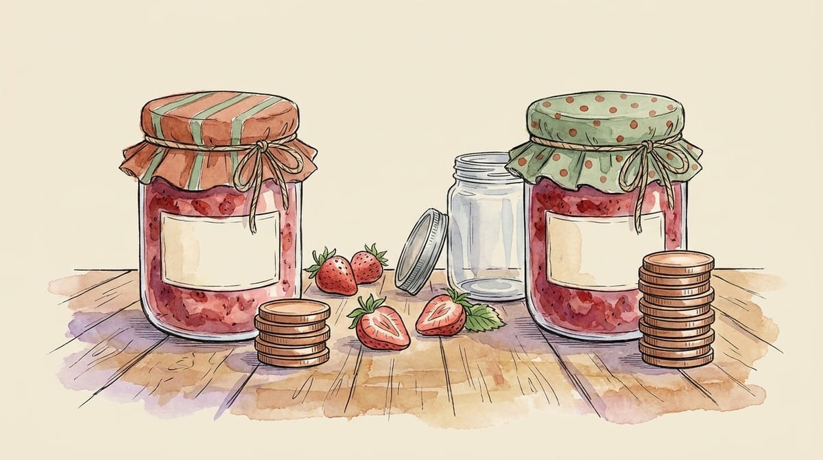 Two identical jars of strawberry jam side by side, the left with a short stack of coins in front of it and the right with a slightly taller stack, showing the same jar quietly costing more to make