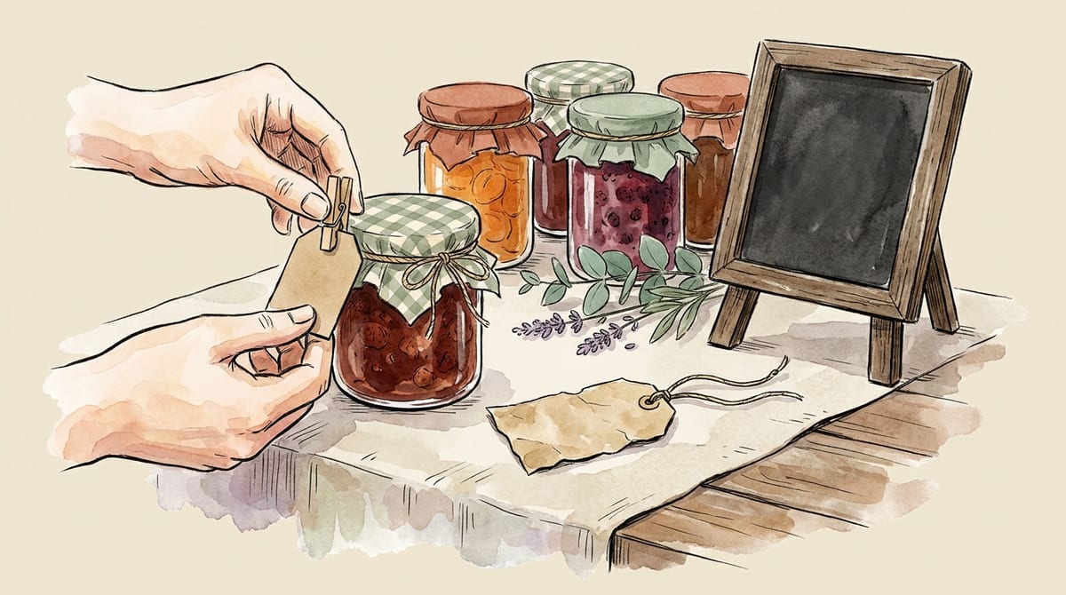 Hands clipping a fresh blank kraft price tag onto a jar of jam at a market table, the old tag set aside beside a row of matching jars