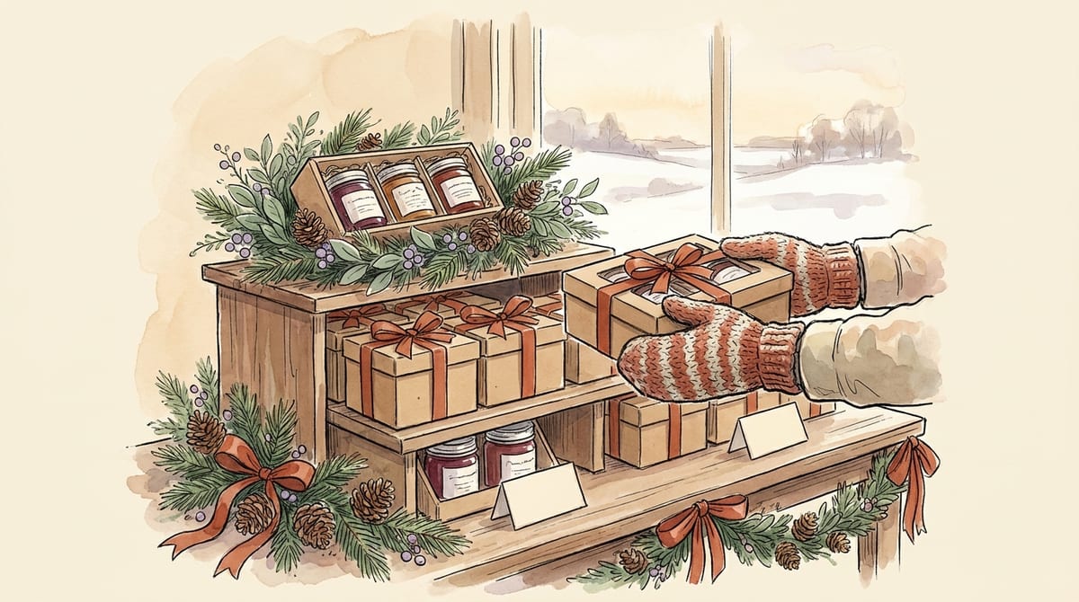 A holiday farm stand table with a tiered display of gift-ready jam jars in ribboned kraft boxes, a limited-run set wreathed in evergreen and pinecones, and gloved hands lifting one boxed set
