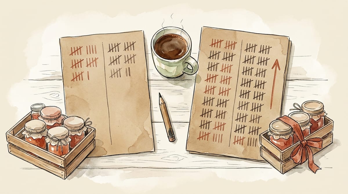 Two market-day tally cards side by side, the left with modest columns of tally marks and the right with much taller columns and a small upward arrow, a ribboned crate of jars beside the right card