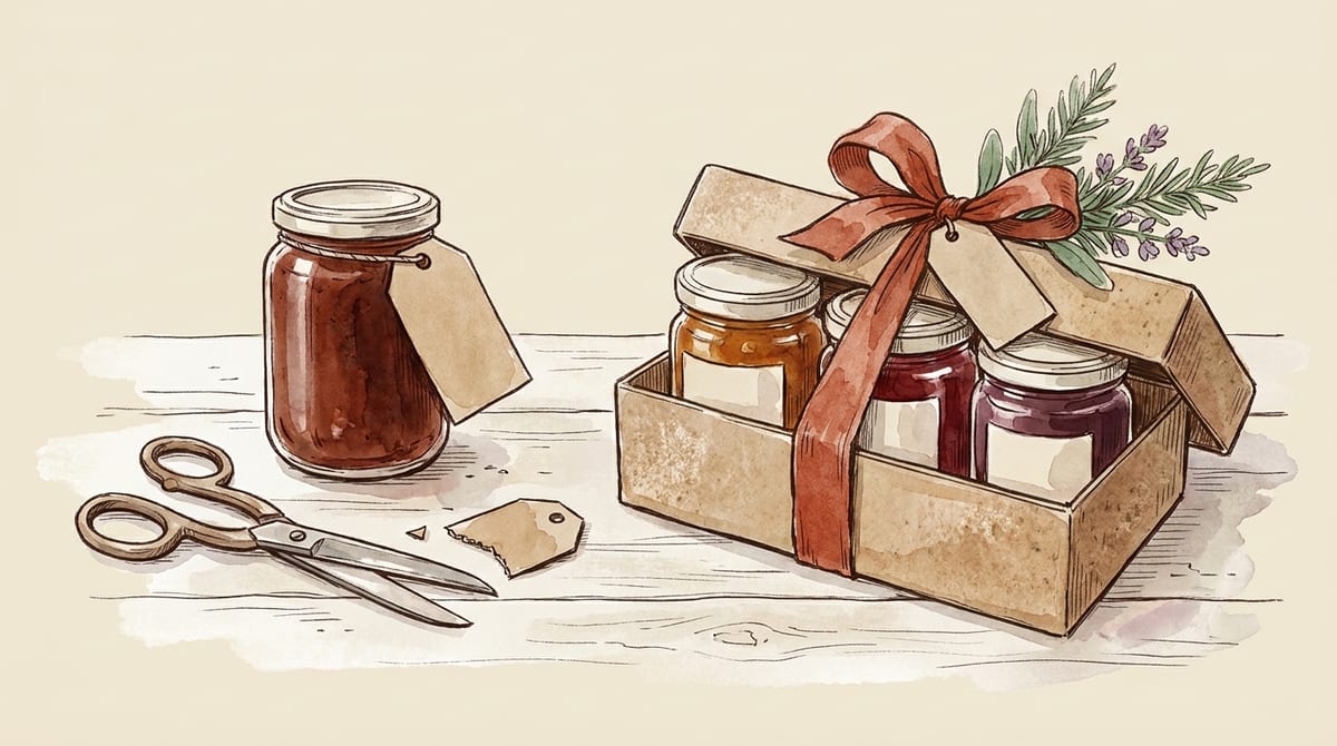 A single jar of jam with a blank kraft price tag beside a pair of scissors and a snipped-off tag corner, contrasted with three jam jars nestled whole in a ribboned kraft gift box on the same table