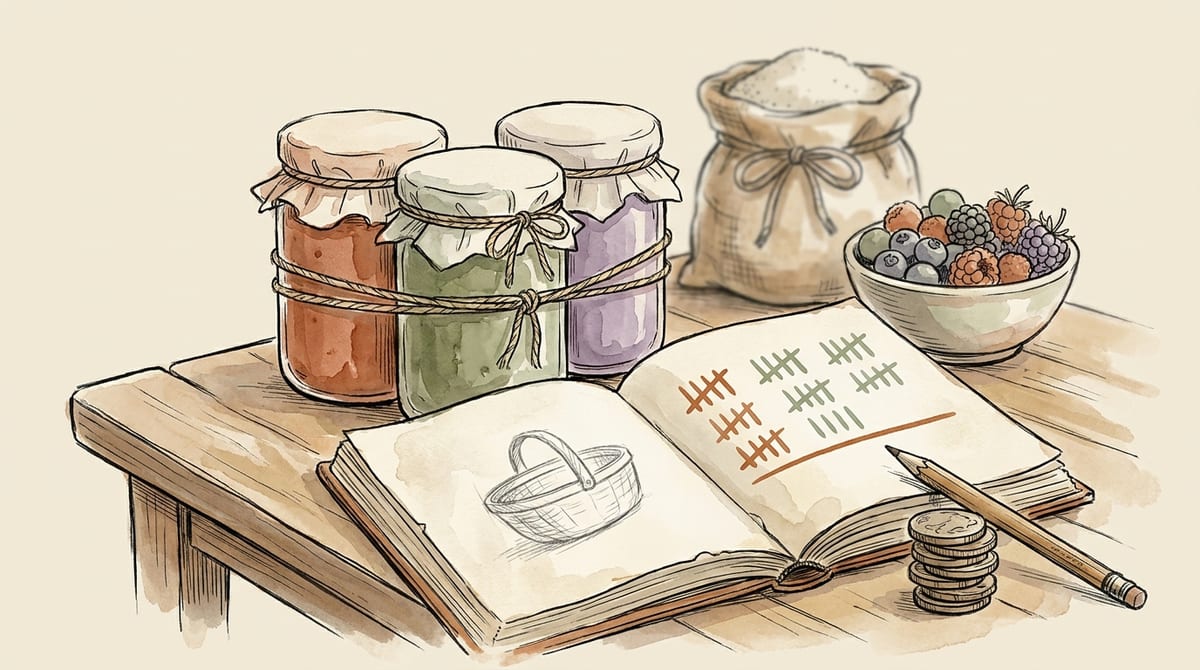 Three jam jars tied with twine beside an open notebook showing three columns of tally marks resting on a single firm rust-red line, a small stack of coins and a pencil on the page