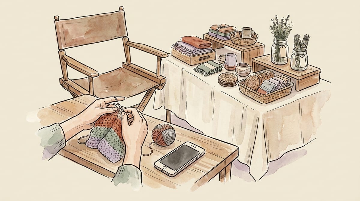 Hands working on a crochet project at a market table beside a tall director's chair, a phone set aside on the table, with finished handmade goods displayed on risers