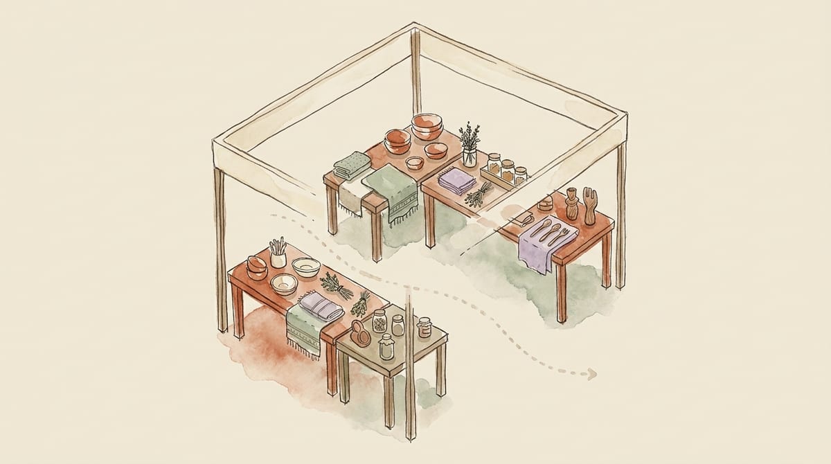A bird's-eye view of a market booth with its tables staggered in a zigzag, leaving a clear dotted walking path that curves in one side and out the other