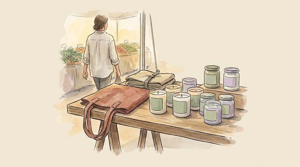 A tidy table of handmade candles and jars with a tote bag resting on it, while a shopper seen from behind strolls on toward a produce stall