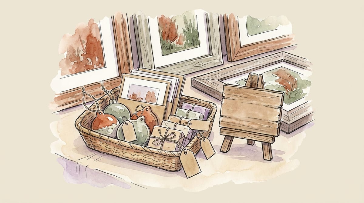 A basket of small handmade ornaments, wrapped soaps and prints at the front of a market table, each with a blank kraft price tag, with larger framed paintings behind