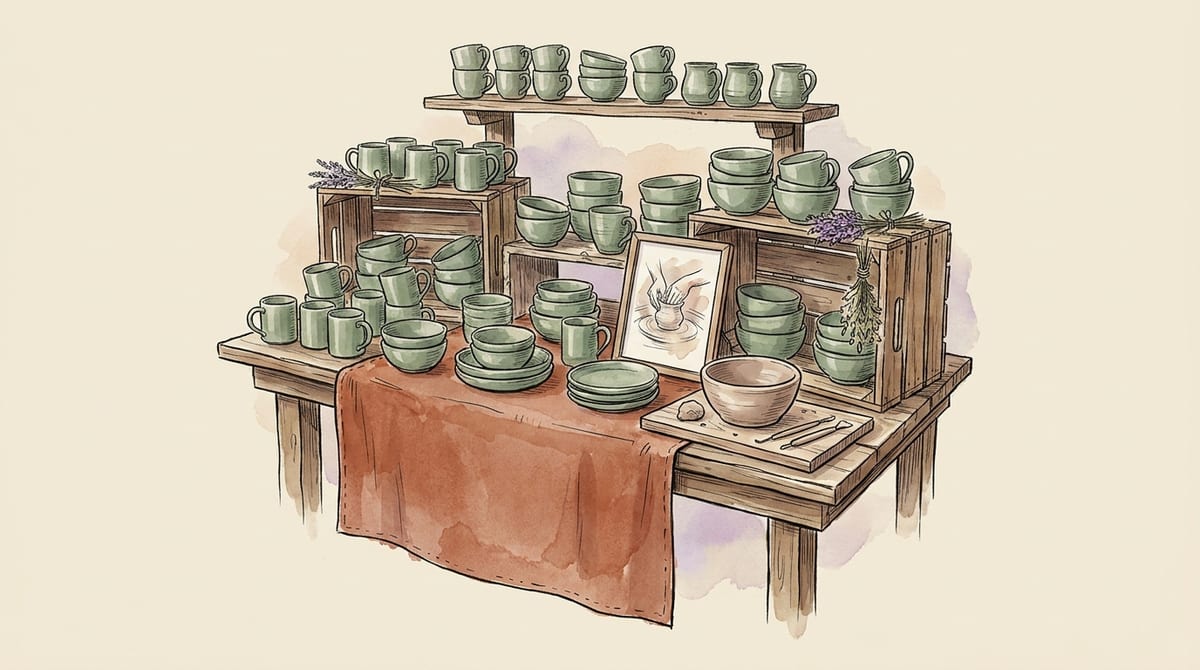 A market table of hand-thrown pottery in one consistent sage glaze on wooden crates, with a framed sketch of hands at a potter's wheel and a half-finished bowl on a work board