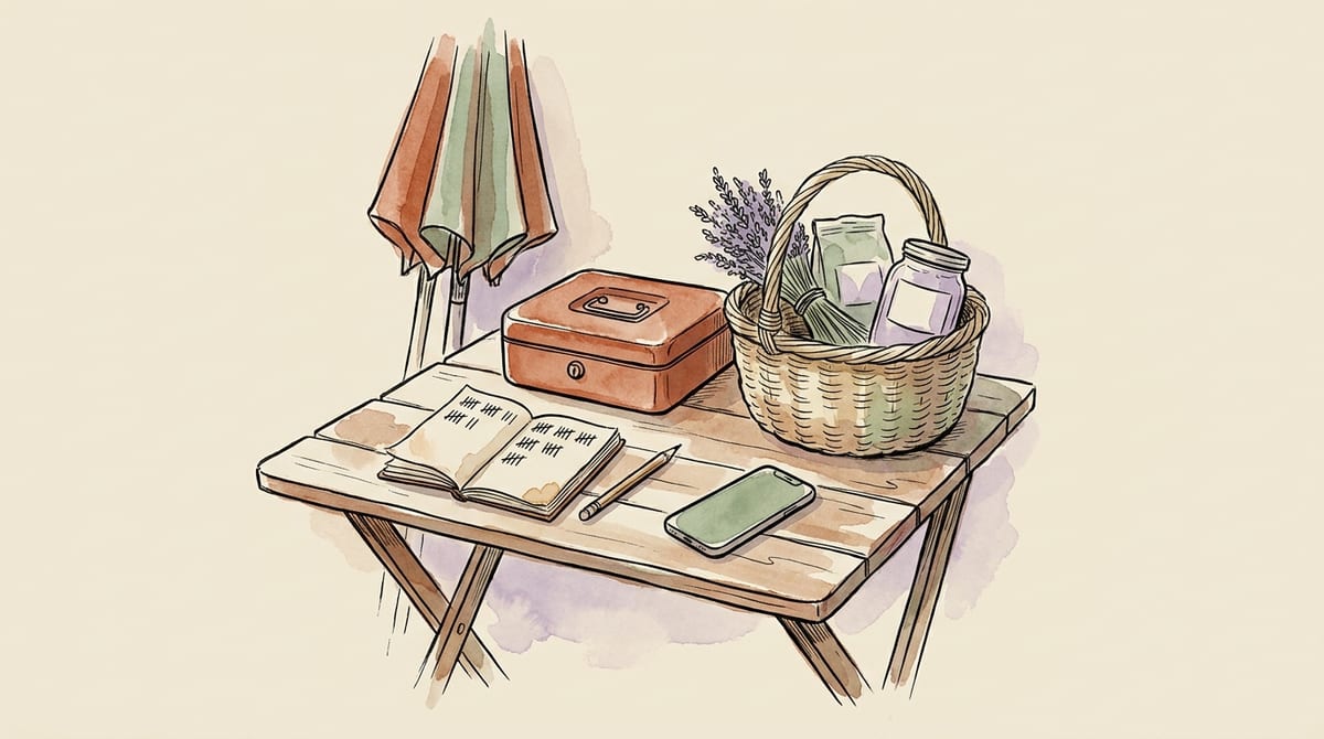 An end-of-day market table with an open notebook of tally marks, a pencil, a closed cash box, a phone and a basket of leftover goods